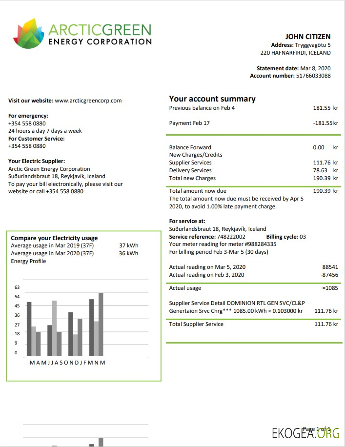 Iceland Arctic Green Energy Corporation electricity utility bill